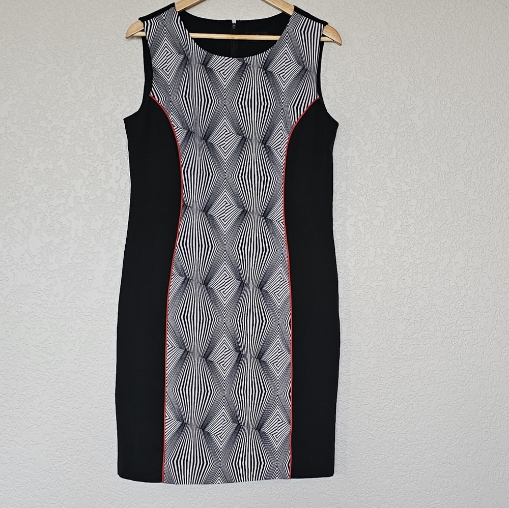 I Le New York Sheath Dress Sleeveless Black White Red Geometric Back Zip sz 10